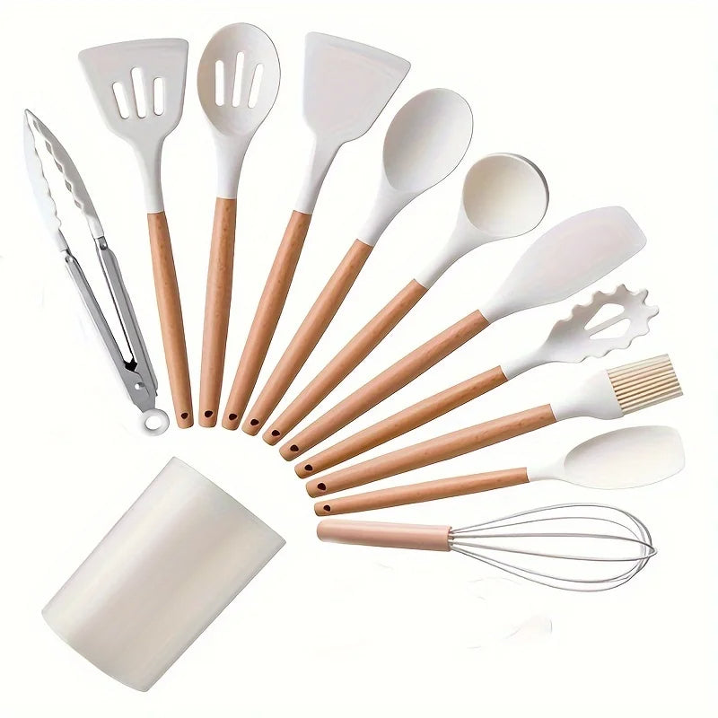 Kitchen Silicone Cooking Utensils, 12 Pc Kitchen Utensil Set, Wooden Kitchen Utensils, Kitchen Gadgets and Spatula Set