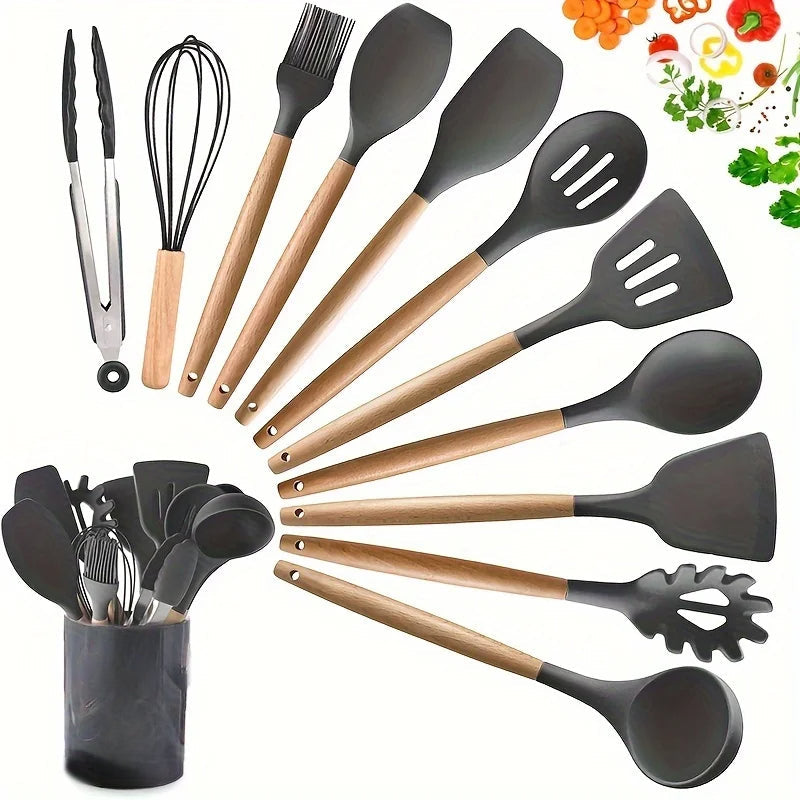 Kitchen Silicone Cooking Utensils, 12 Pc Kitchen Utensil Set, Wooden Kitchen Utensils, Kitchen Gadgets and Spatula Set