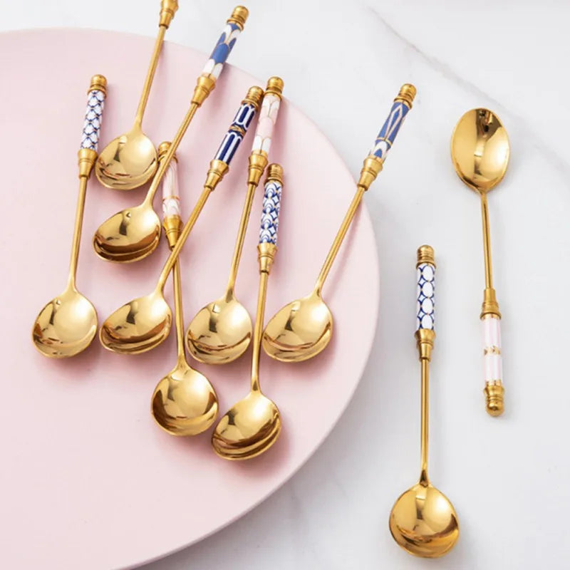 Stainless Steel Coffee Stirring Spoon Flatware Ceramic Long Handle Ice Cream Teaspoon Gold-plated Dessert Spoon