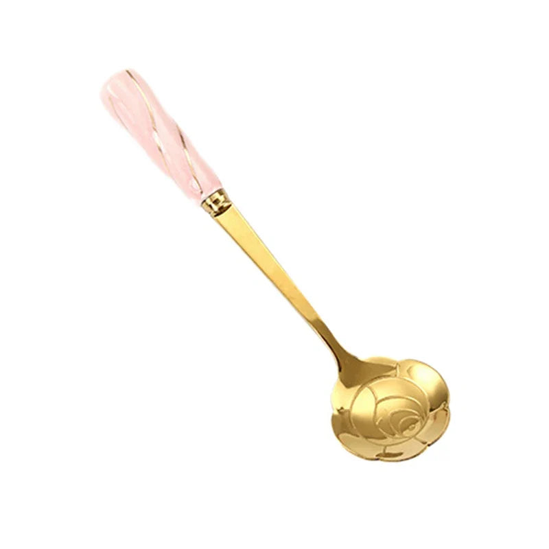 Stainless Steel Coffee Stirring Spoon Flatware Ceramic Long Handle Ice Cream Teaspoon Gold-plated Dessert Spoon