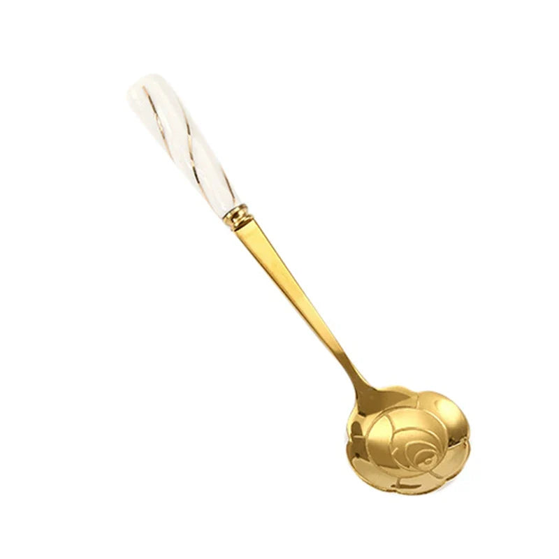 Stainless Steel Coffee Stirring Spoon Flatware Ceramic Long Handle Ice Cream Teaspoon Gold-plated Dessert Spoon