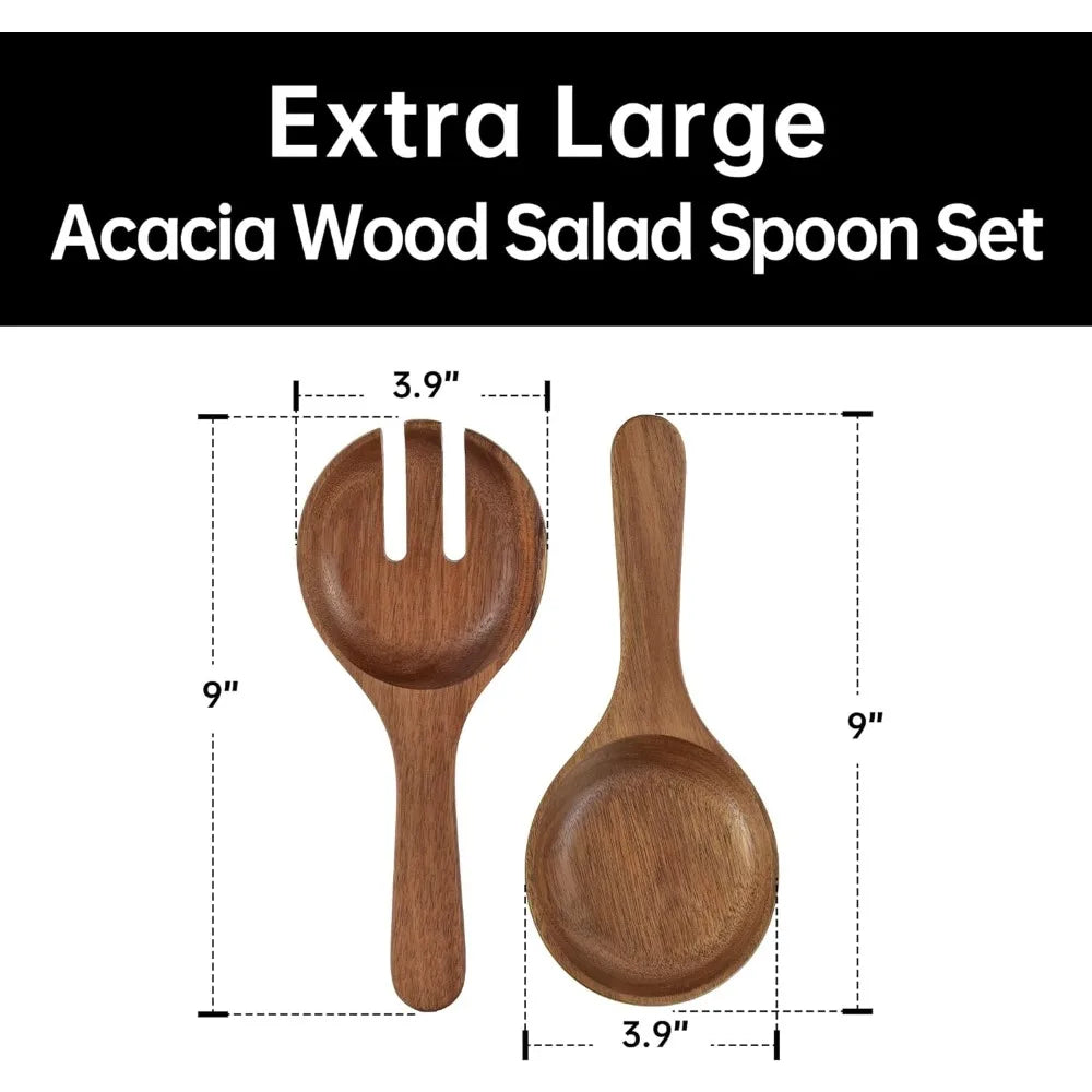 Extra Large Glass Salad Bowl Set-Salad Bowls Party Acacia Wood Base Salad Serving Utensils-Elegant Practical Kitchen Must-Have