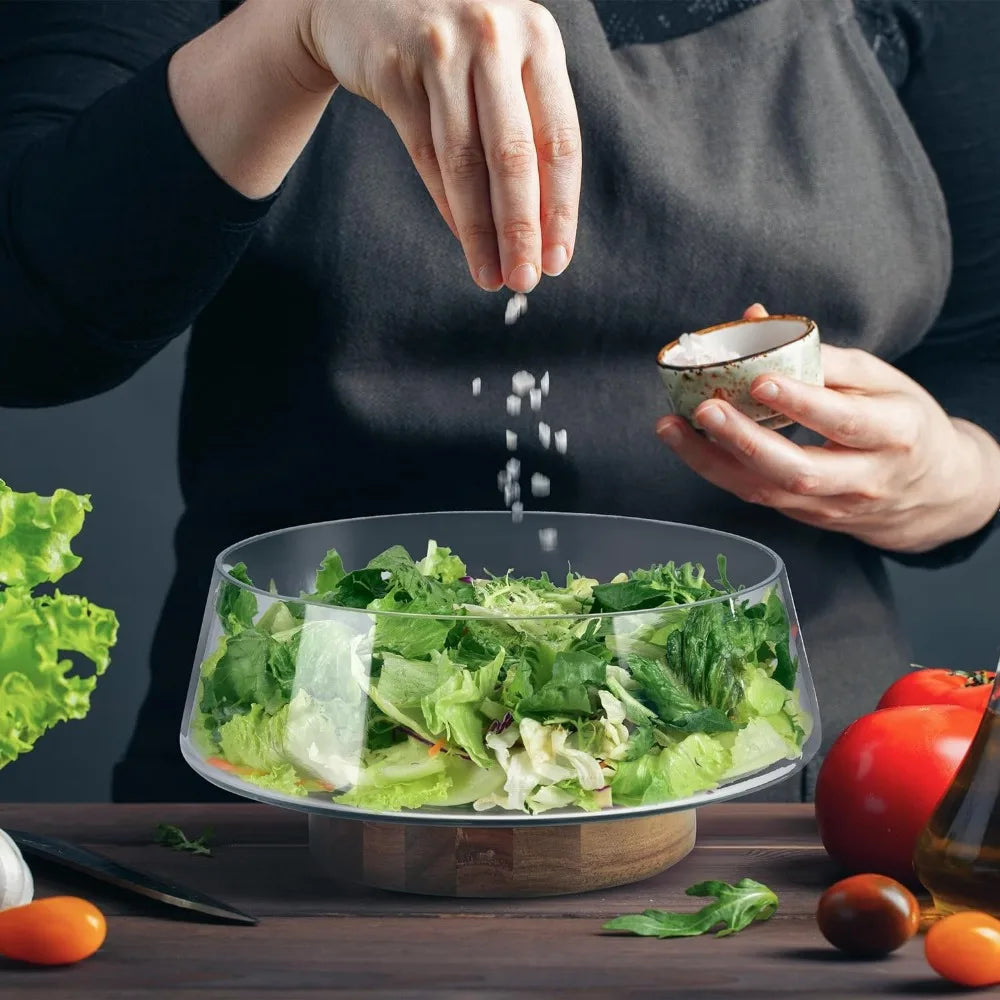 Extra Large Glass Salad Bowl Set-Salad Bowls Party Acacia Wood Base Salad Serving Utensils-Elegant Practical Kitchen Must-Have