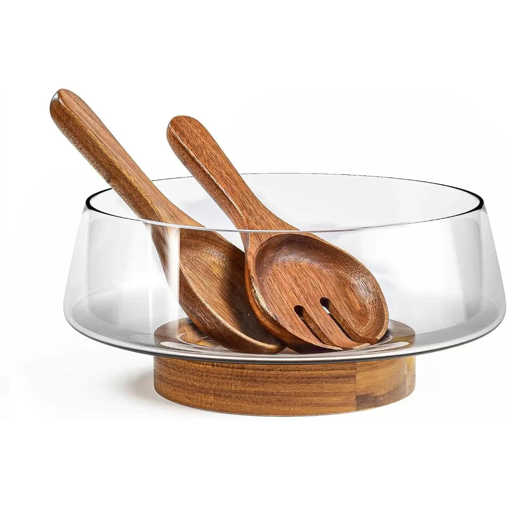 Extra Large Glass Salad Bowl Set-Salad Bowls Party Acacia Wood Base Salad Serving Utensils-Elegant Practical Kitchen Must-Have