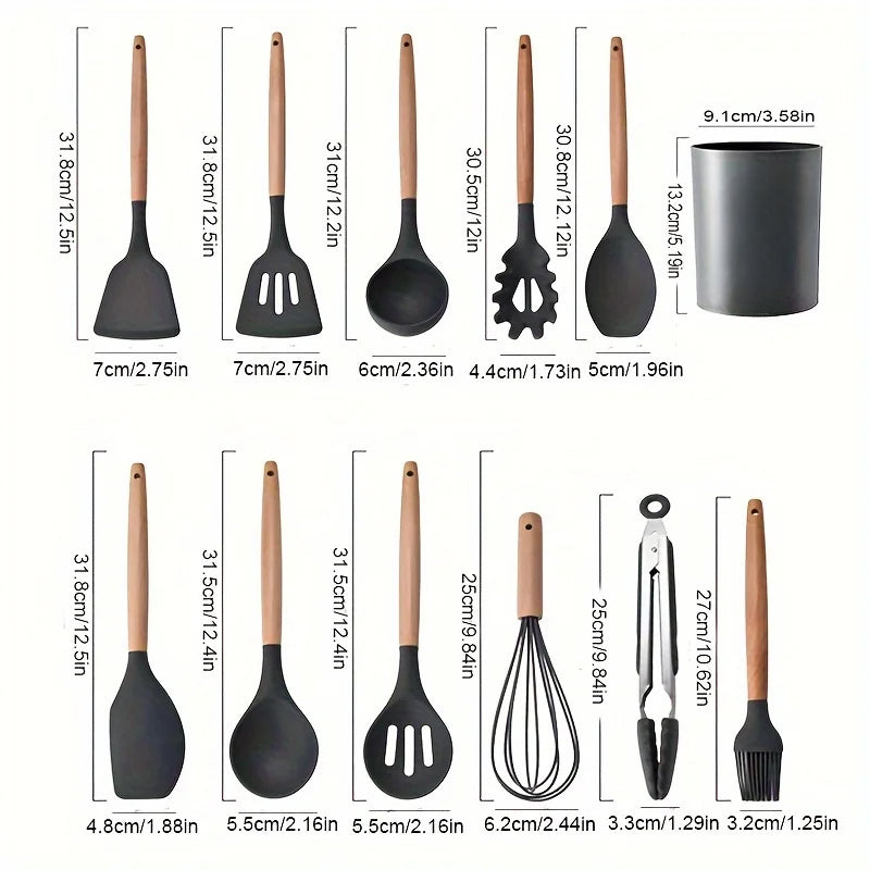 Kitchen Silicone Cooking Utensils, 12 Pc Kitchen Utensil Set, Wooden Kitchen Utensils, Kitchen Gadgets and Spatula Set